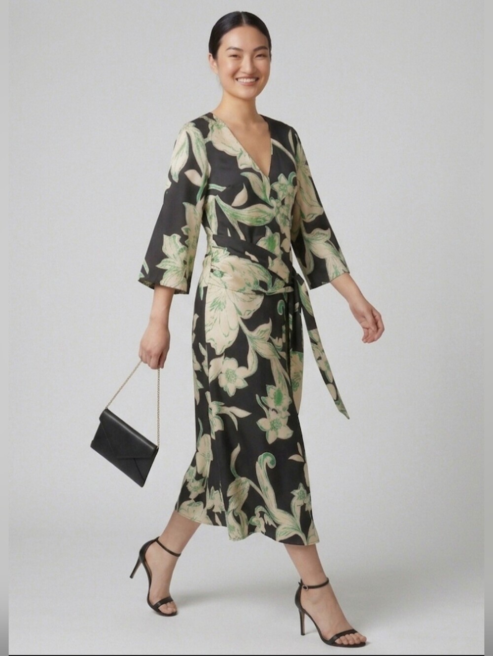 NWOT Zara Floral-print Lagenlook Dress Sz M / Black, green, cream